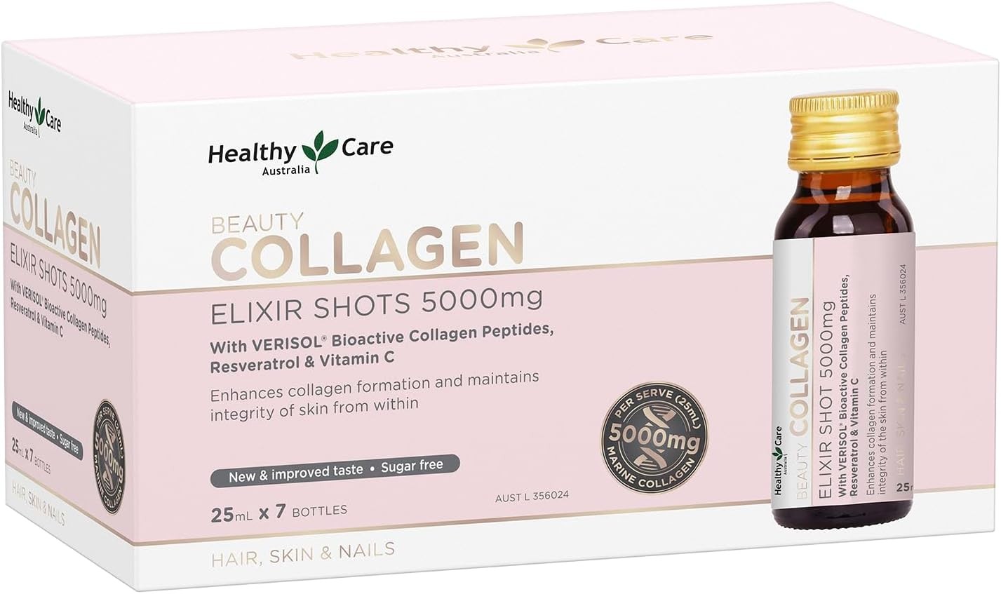 Healthy Care Beauty Shots 5,000Mg Collagen Drink Pink | with VERISOL Bioactive Collagen Peptides, Resveratrol and Vitamin C