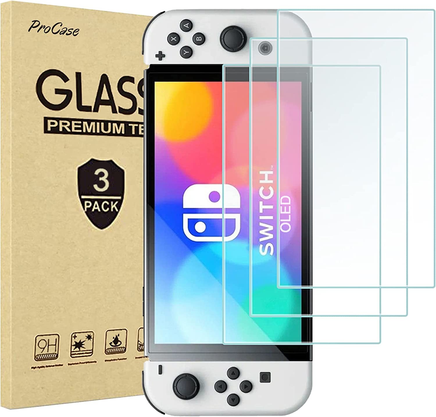 [3 Pack] Procase Screen Protector for Nintendo Switch OLED 2021, Tempered Glass Screen Film Guard Rounded Edge Real Glass Screen Protector for Nintendo Switch OLED Model